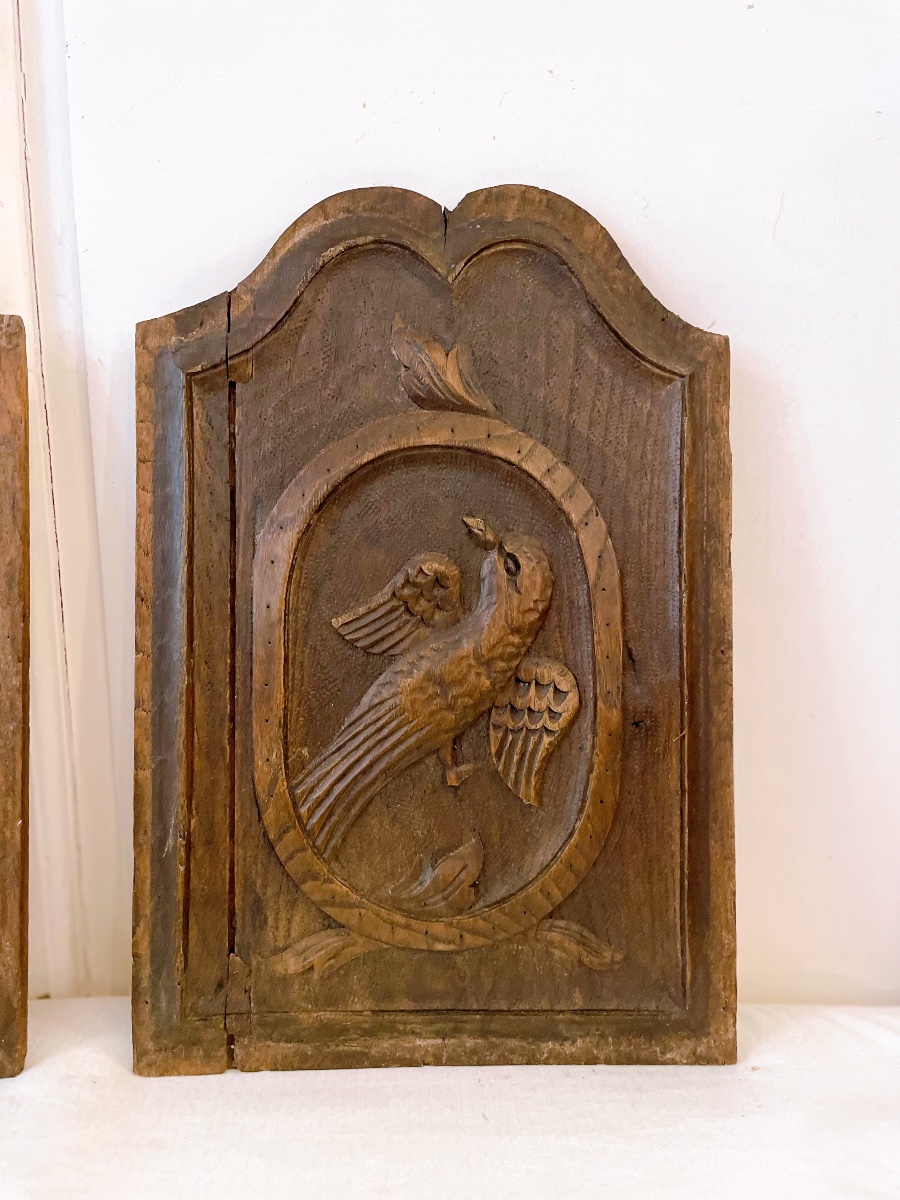 Paire de panneaux en bois oiseaux 18eme siècle -photo-2