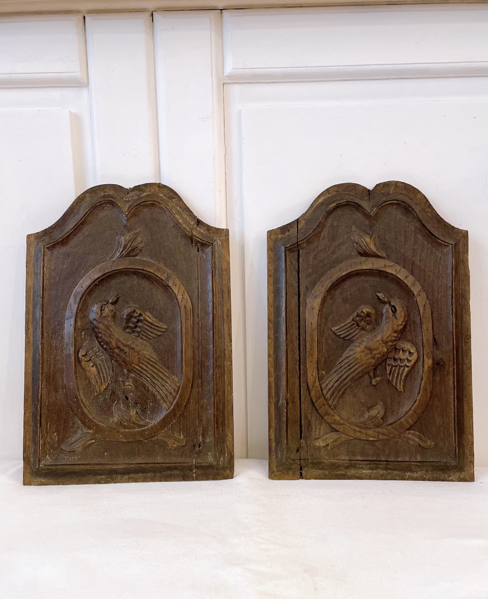 Paire de panneaux en bois oiseaux 18eme siècle 