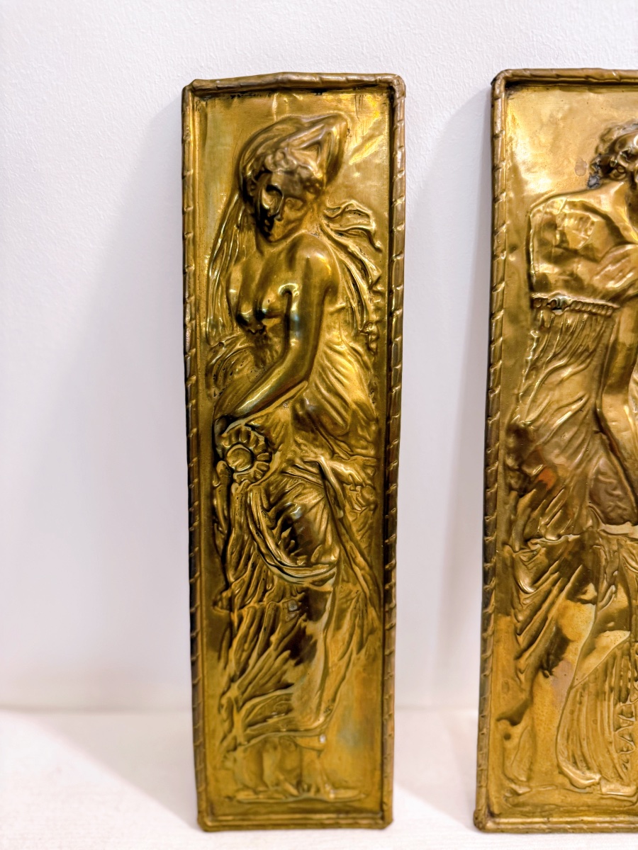 Pair Of Embossed Brass Plaques Depicting A Nymph-photo-2