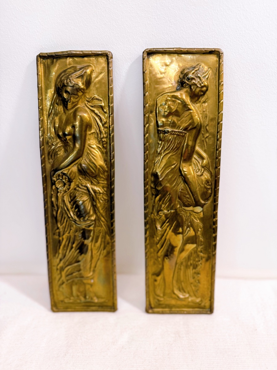 Pair Of Embossed Brass Plaques Depicting A Nymph
