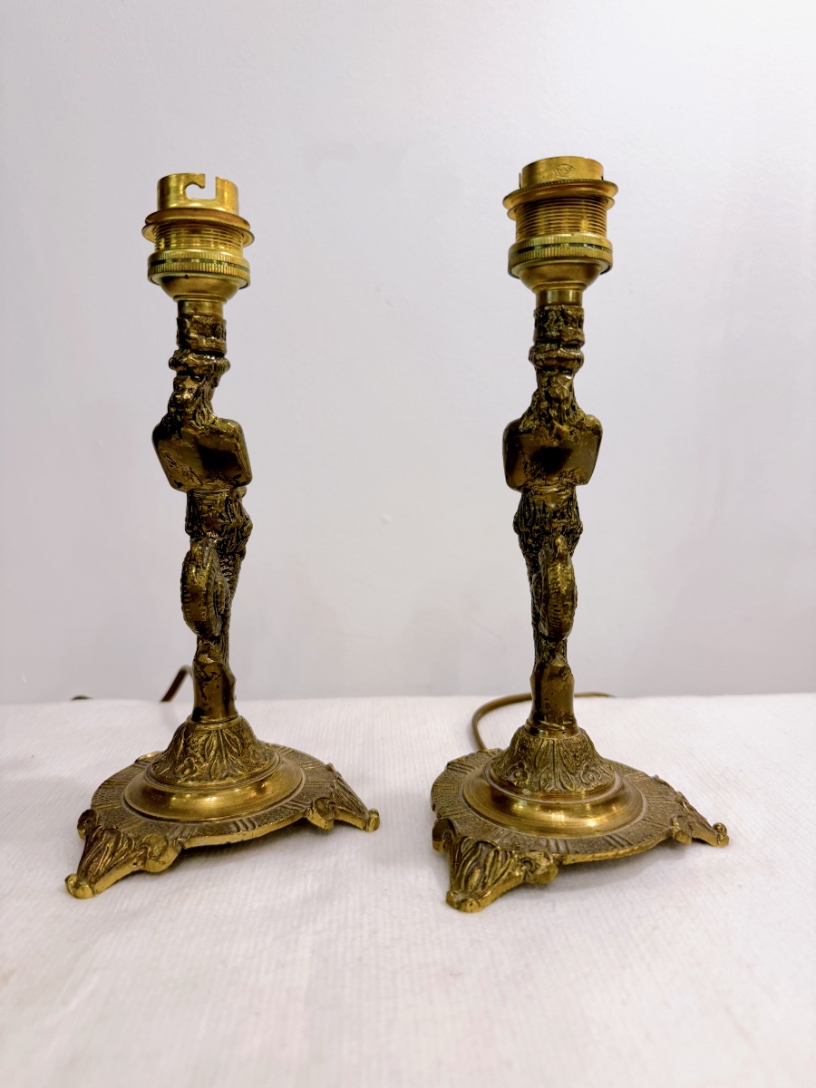 Pair Of Small Lamps With Triton Designs-photo-3