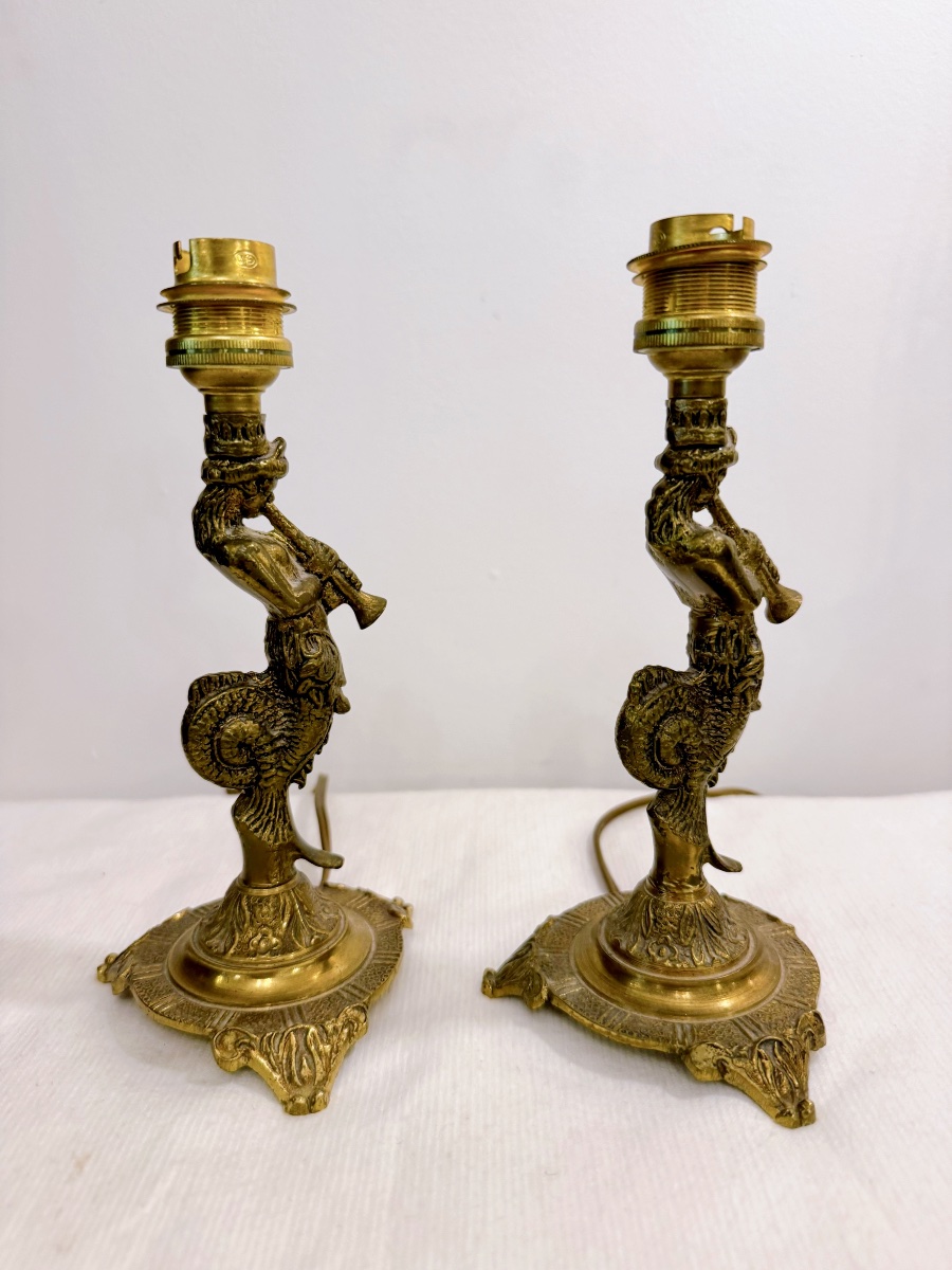 Pair Of Small Lamps With Triton Designs-photo-2