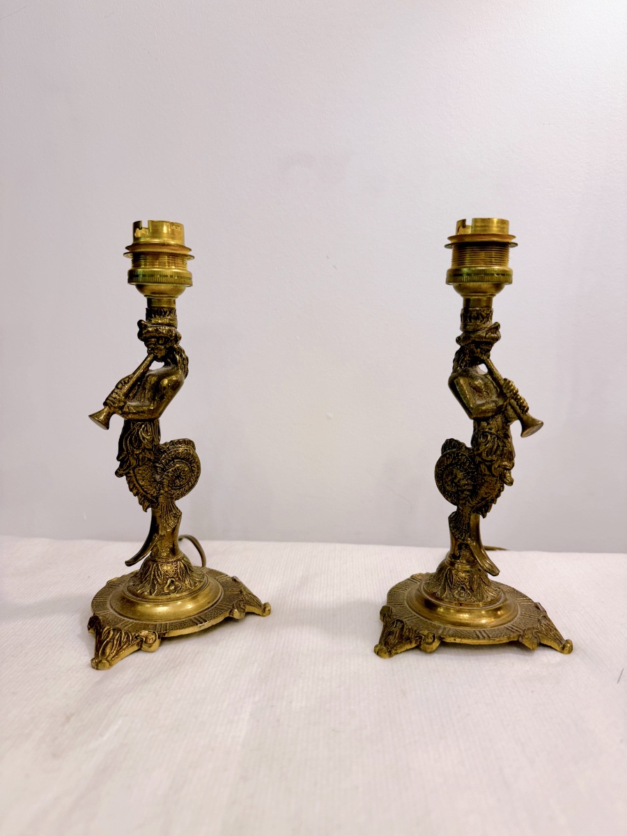 Pair Of Small Lamps With Triton Designs-photo-4
