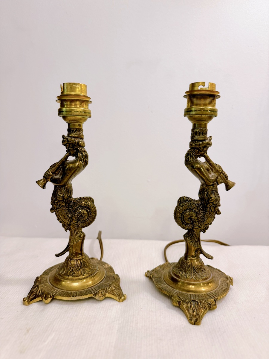 Pair Of Small Lamps With Triton Designs