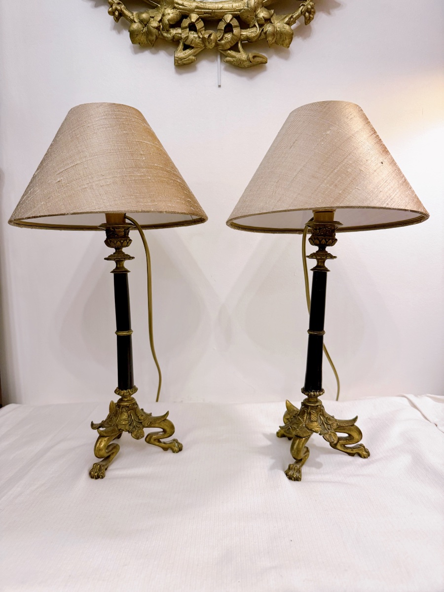 Pair Of Empire- Or Napoleon III-style Lamps With Silk Lampshades-photo-3