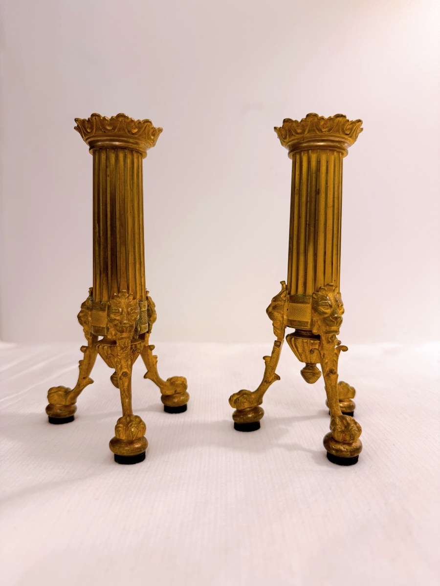 Pair Of Gilded Bronze Candlesticks Decorated With Lion's Claws