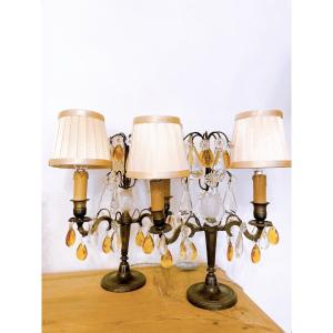 Pair Of Two-light Bronze Candelabra With Brown Patina And Crystal Tassels 
