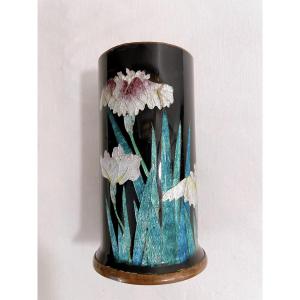 Vase cuivre japonais en email cloisonné à feuille d’argent, signé Kihyoe Hayashi