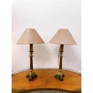 Pair Of Empire Style Candlestick Lamps Silk Shade