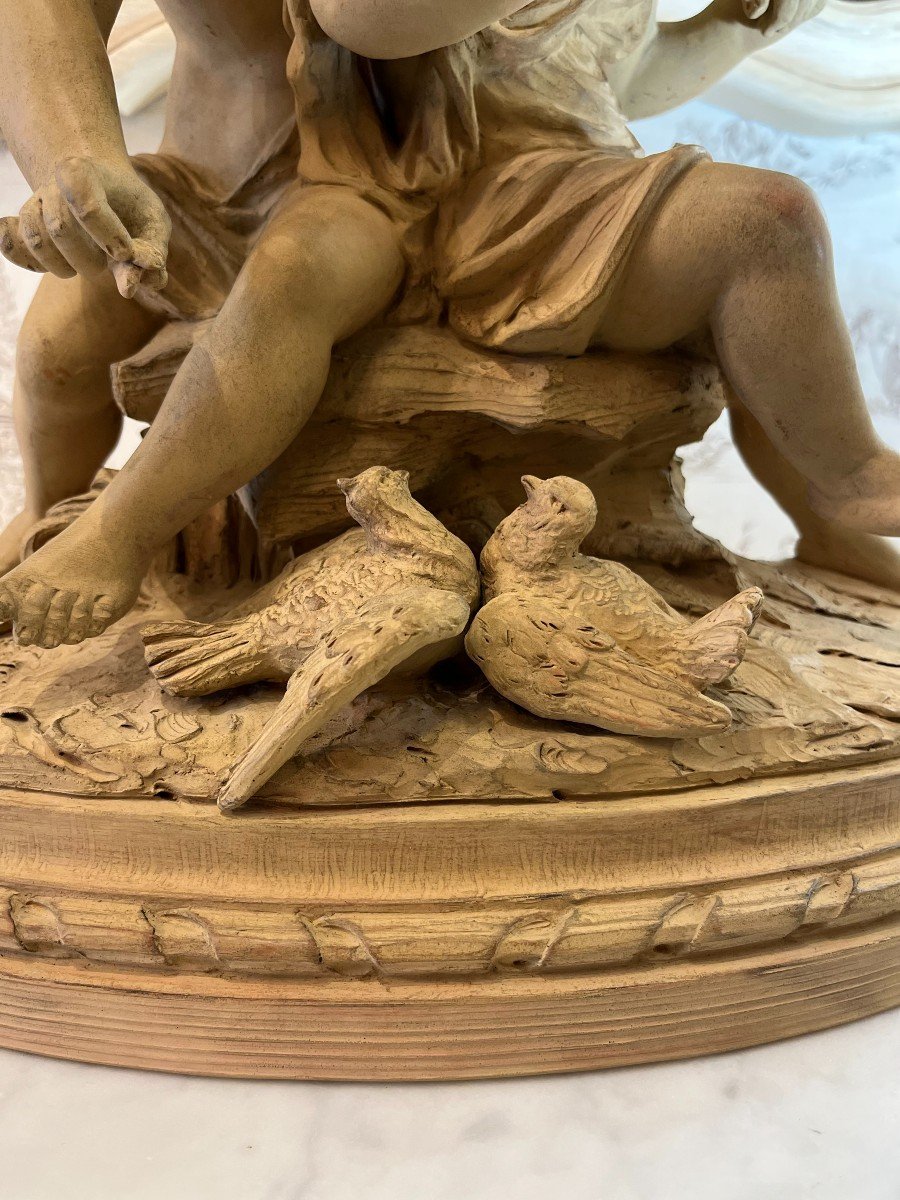 Statue de Chérubins jouant et nourrissant des oiseaux signée Gustave Trouillard-photo-2