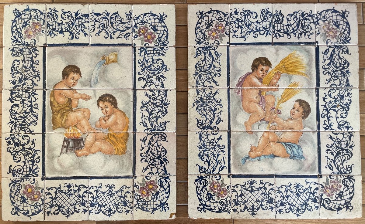 Pair Of Earthenware Tile Frescoes