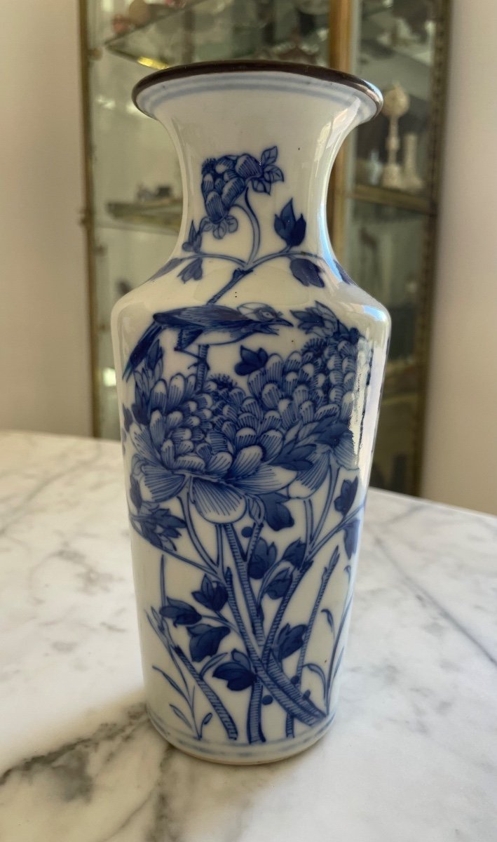 China 19th Century. Blue Vase From Hue With Floral And Bird Decor, Metal Circled Neck