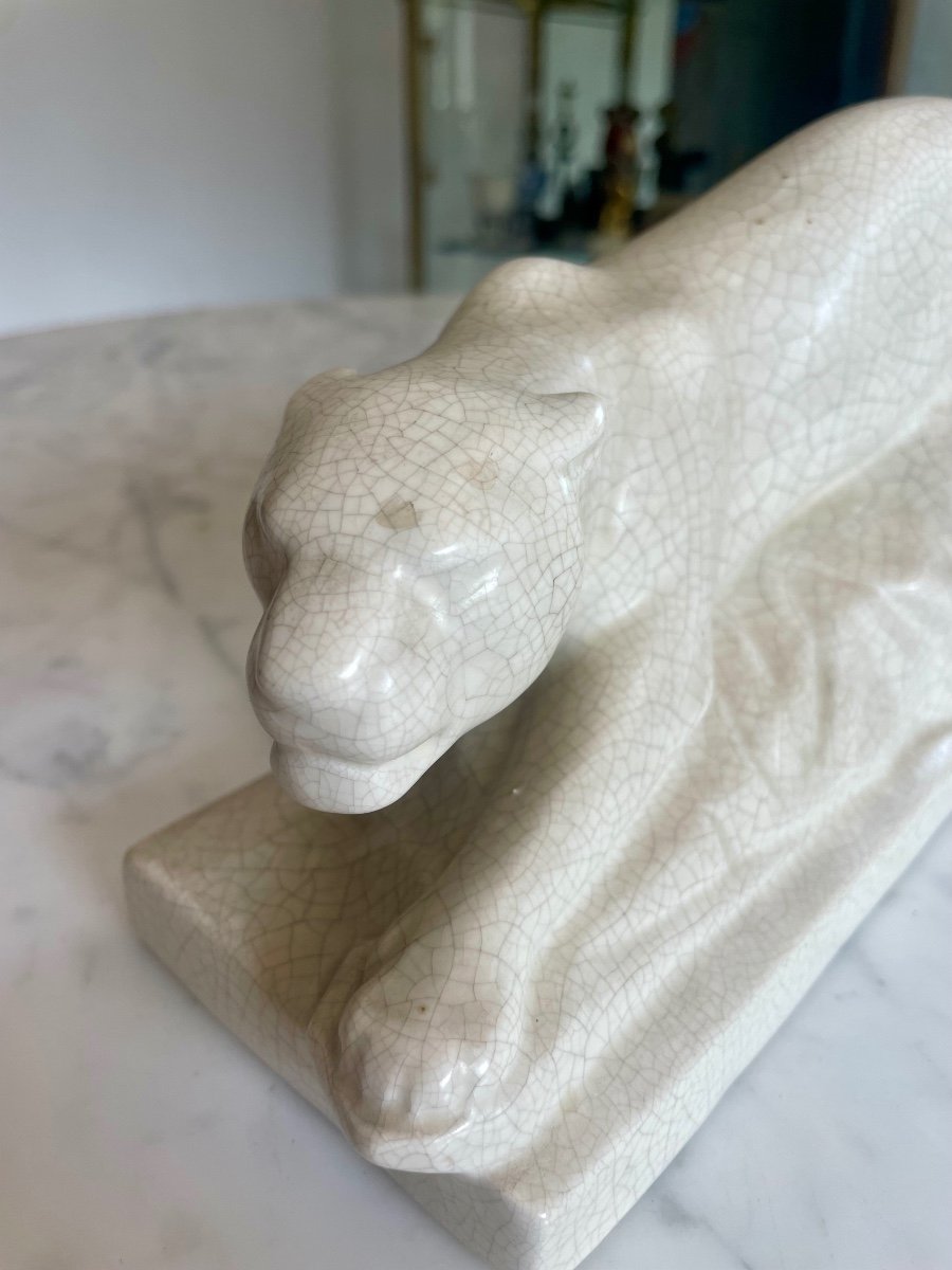 E. Siegl, Ceramic: Cracked Earthenware French School “panther On The Prowl” Art Deco -photo-4