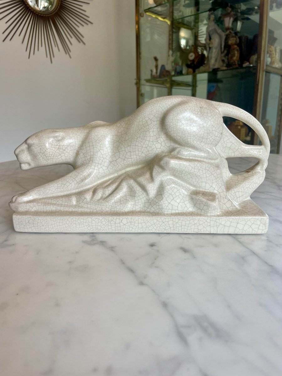 E. Siegl, Ceramic: Cracked Earthenware French School “panther On The Prowl” Art Deco 