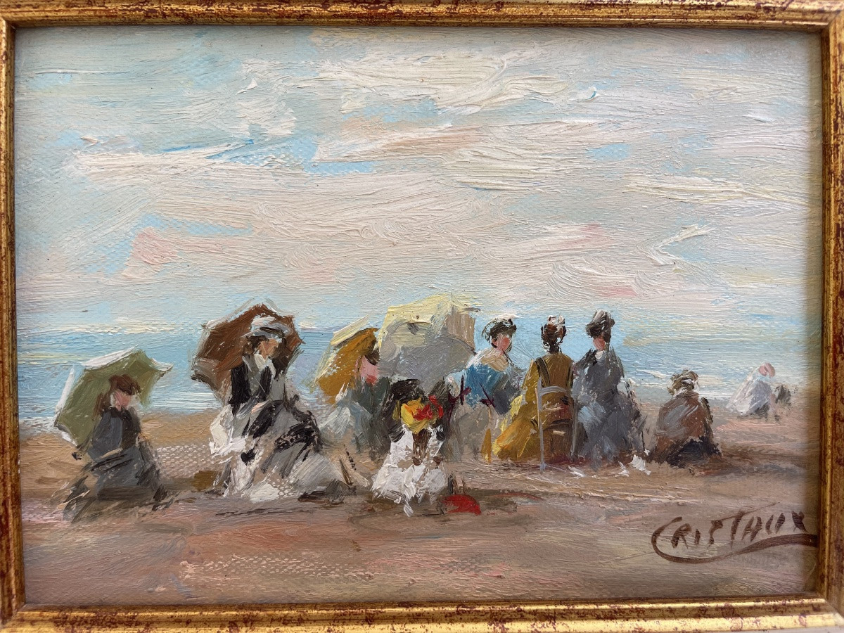 Francis CRISTAUX . Huile sur toile,  « A LA PLAGE »-photo-2