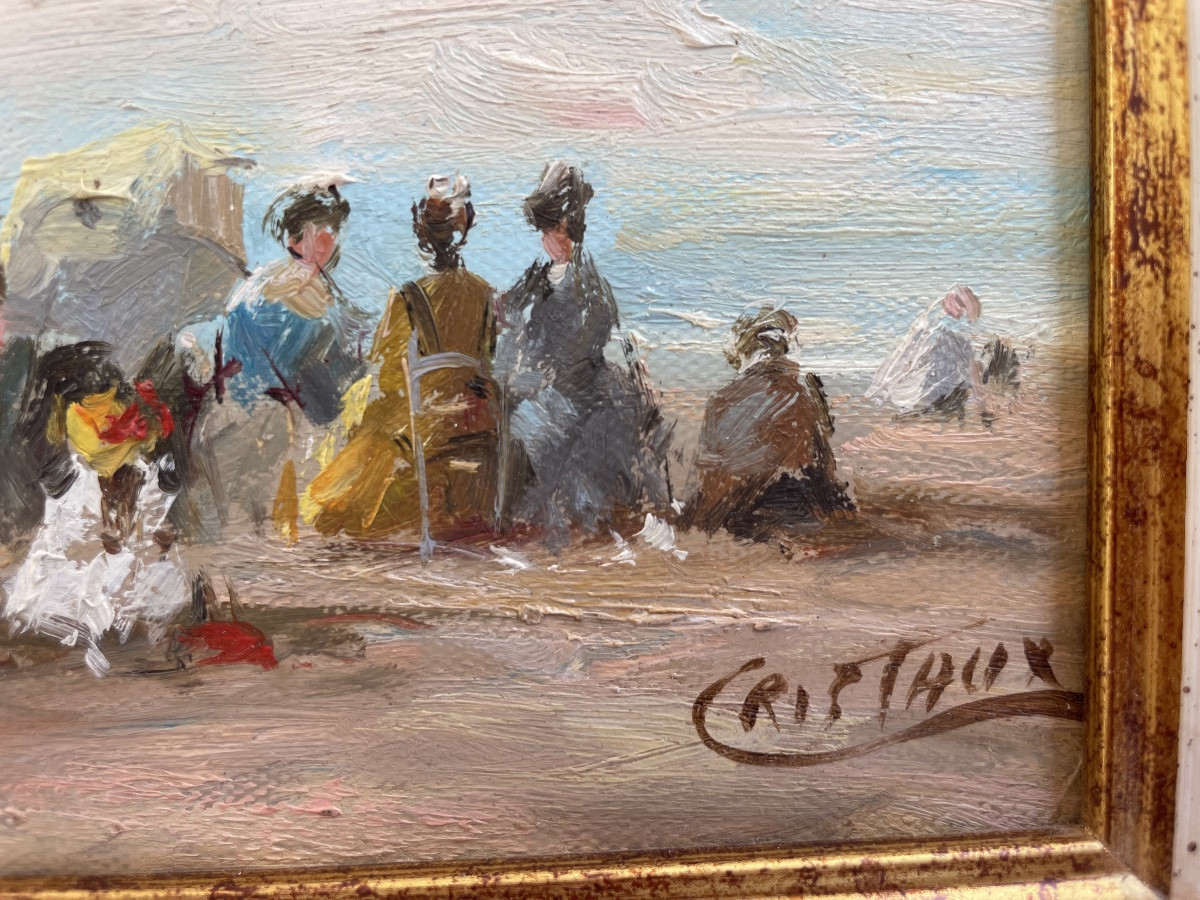 Francis CRISTAUX . Huile sur toile,  « A LA PLAGE »-photo-3