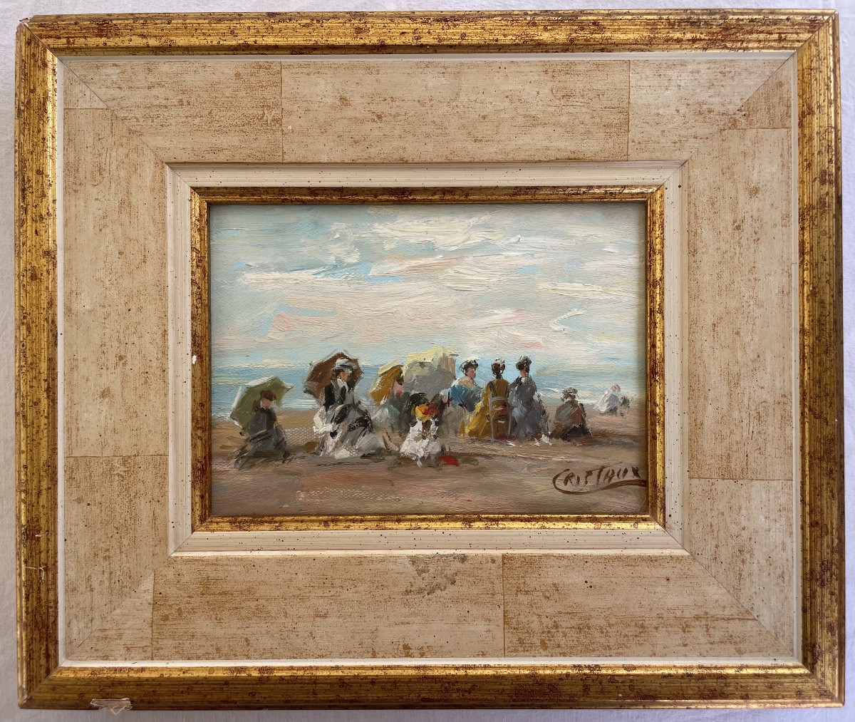 Francis CRISTAUX . Huile sur toile,  « A LA PLAGE »