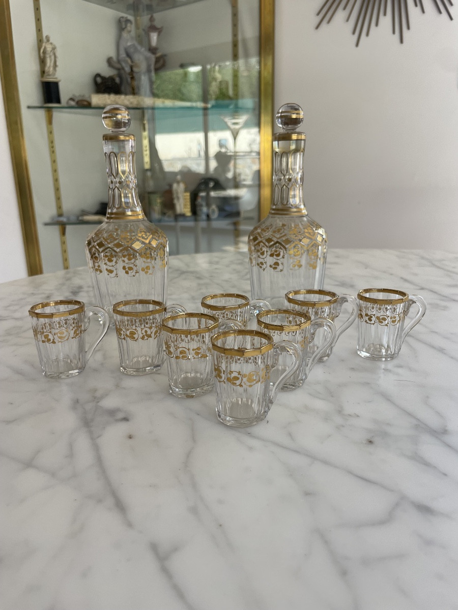 “attributed To Baccarat” Cut Crystal Liqueur Service With Gold Highlights