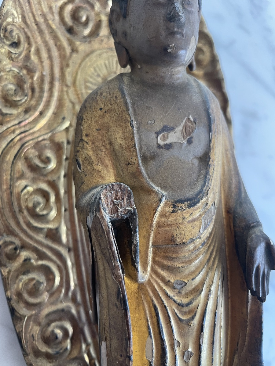 Japan, Meiji Period (1868-1912) Statuette In Gilded Lacquered Wood Representing The Buddha Amida-photo-3