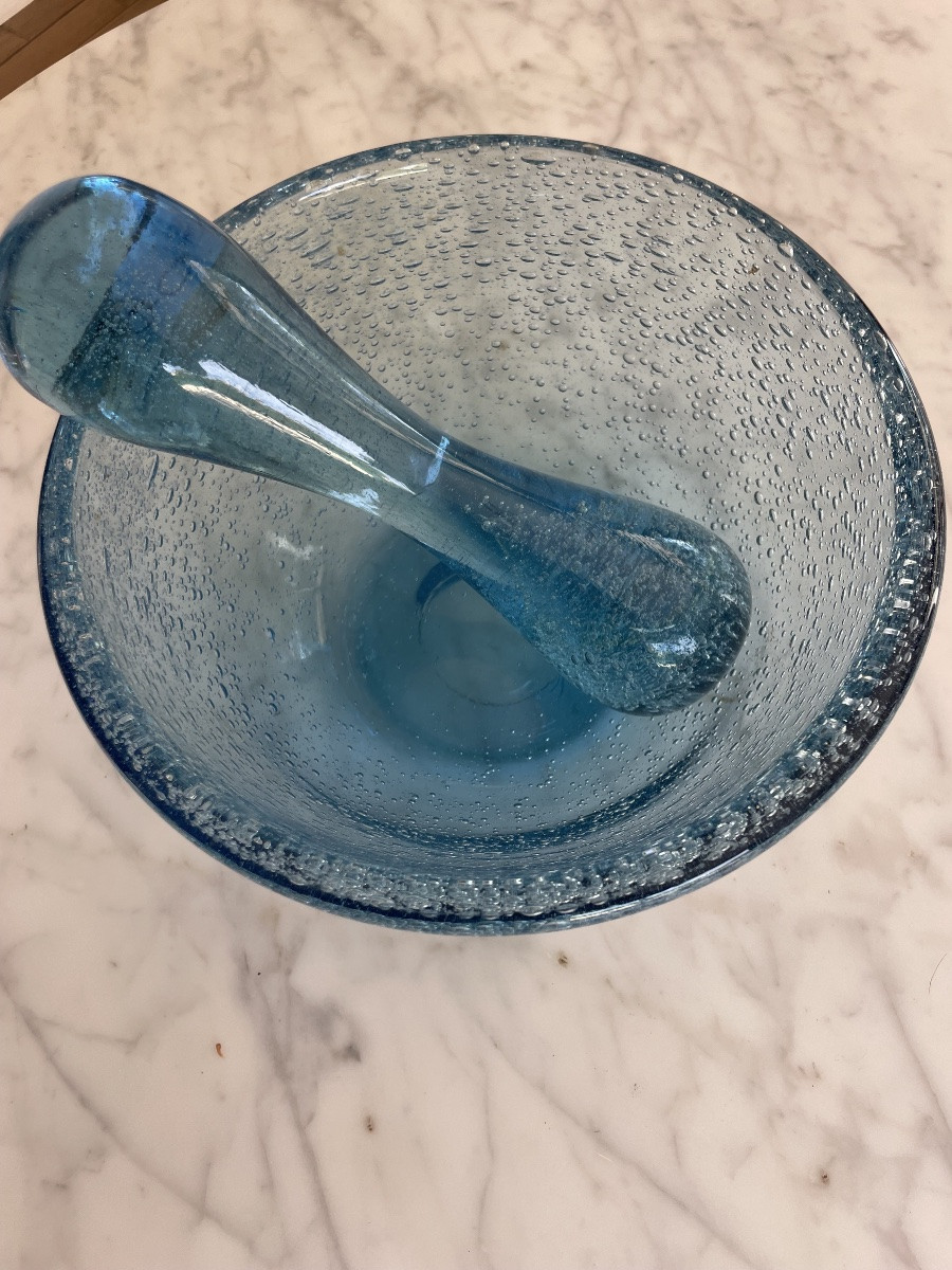 Mortier et Pilon en verre bullé bleu BIOT-photo-2