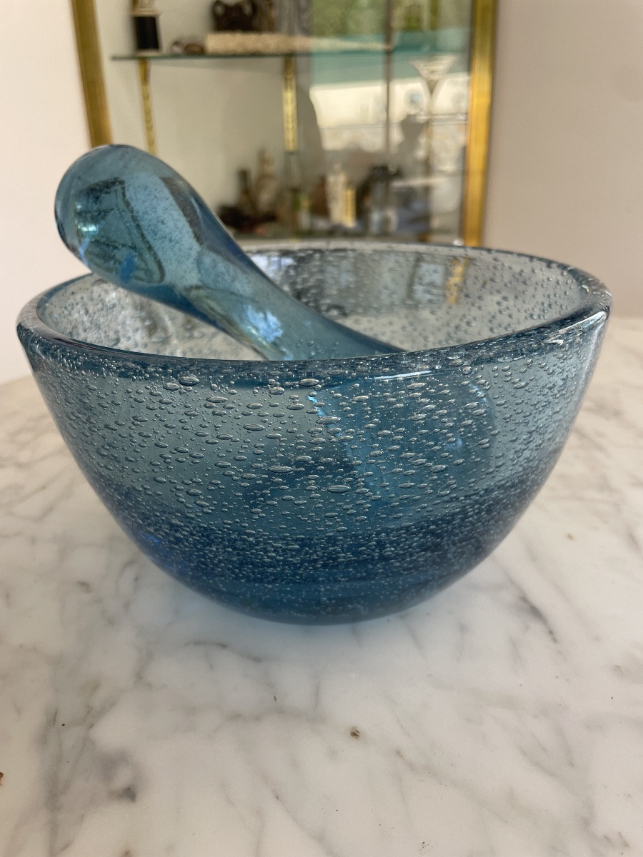 Mortier et Pilon en verre bullé bleu BIOT