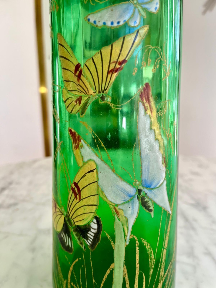 Art Nouveau Period Vase In Enameled Glass Decorated With Butterflies-photo-2