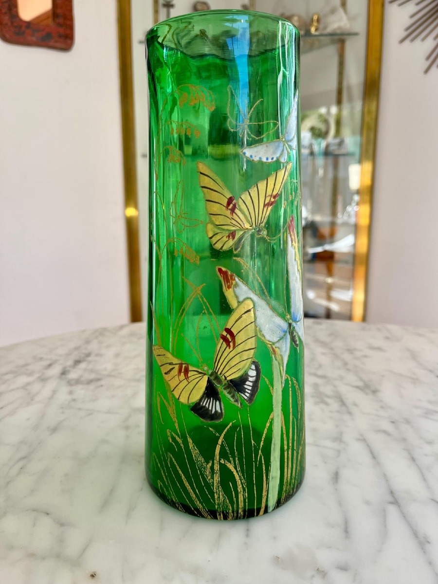 Art Nouveau Period Vase In Enameled Glass Decorated With Butterflies