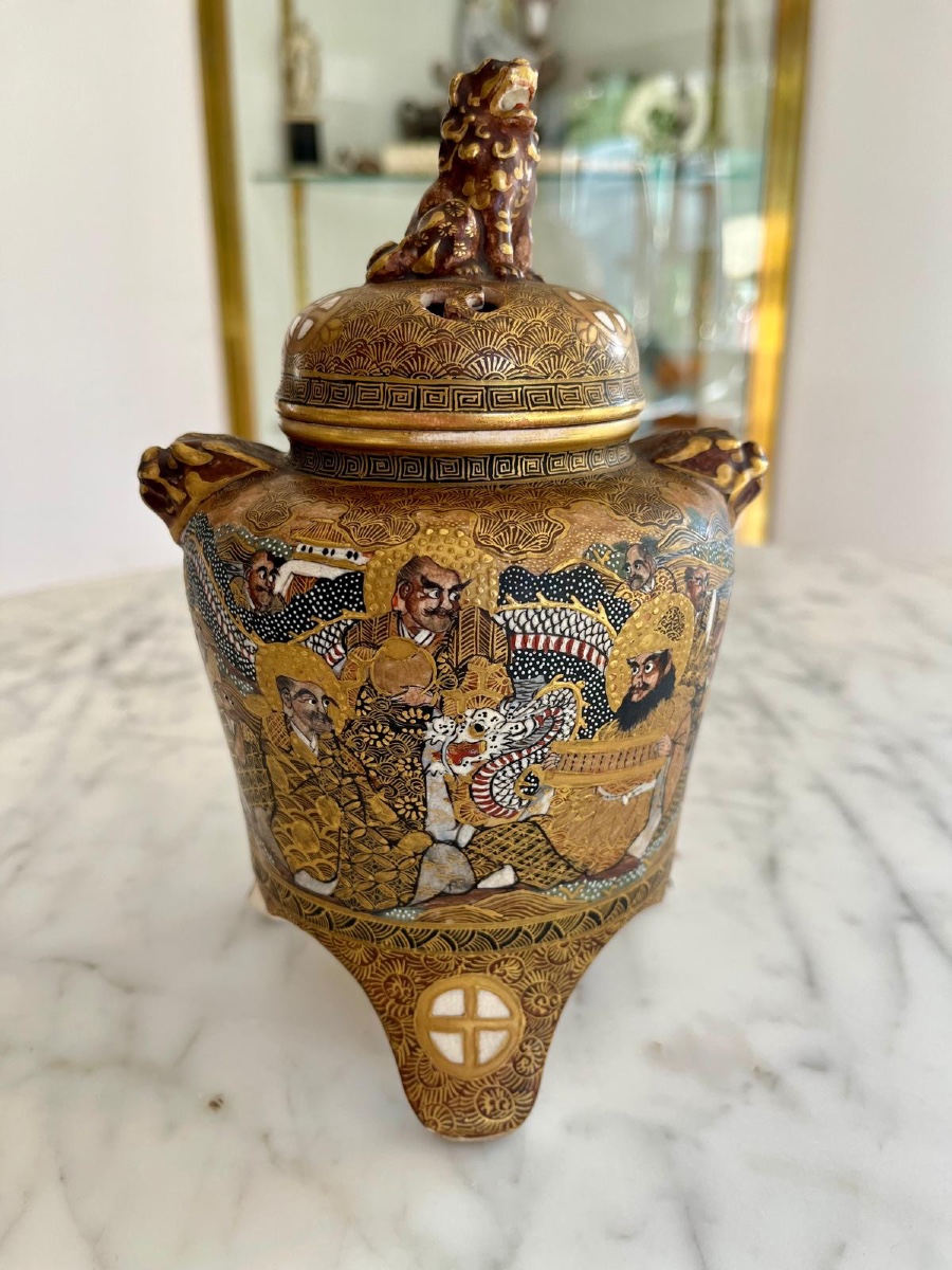 Incense Burner With Figures And Foo Dog, Signed, Satsuma, Japan, Meiji Era (1868-1912).