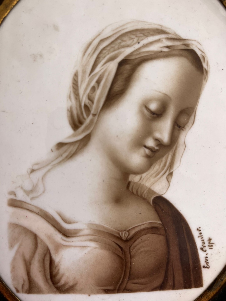 La vierge Marie, portrait peint sur porcelaine. Époque Napoléon III-photo-2