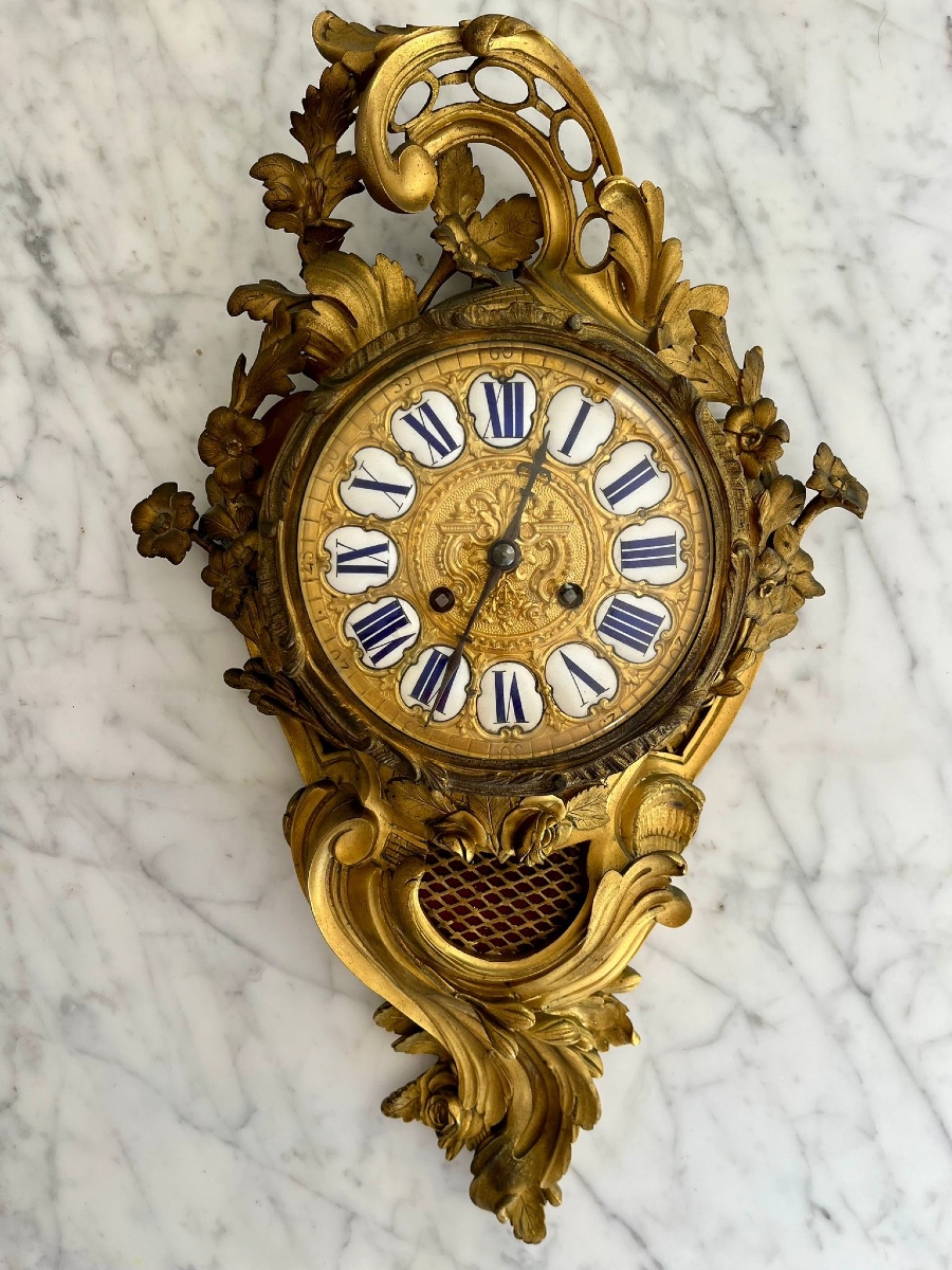Gilt Bronze Wall Cartel Clock, Louis XV Style, Napoleon III Period