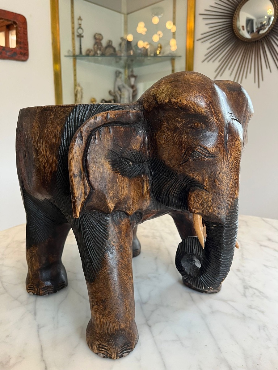 Carved Wooden Elephant Stool. Africa 1960, Primitive Art-photo-2