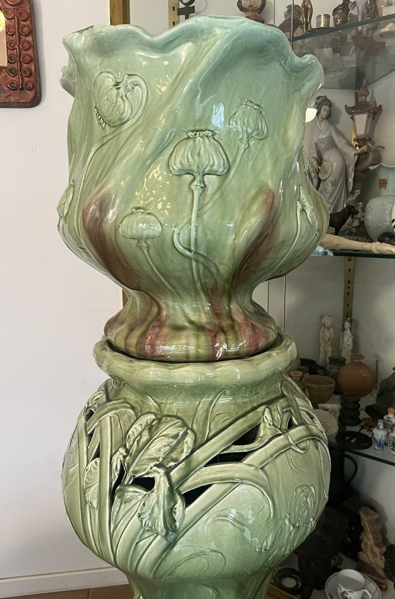 Massier. Green Earthenware Pot And Container Decorated With Thistles-photo-2