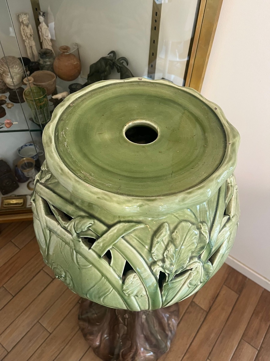 Massier. Green Earthenware Pot And Container Decorated With Thistles-photo-3