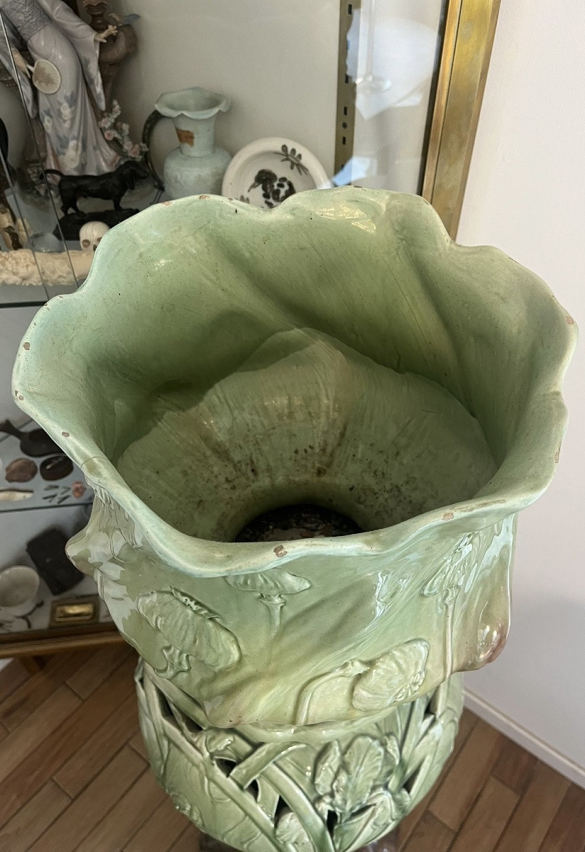 Massier. Green Earthenware Pot And Container Decorated With Thistles-photo-2
