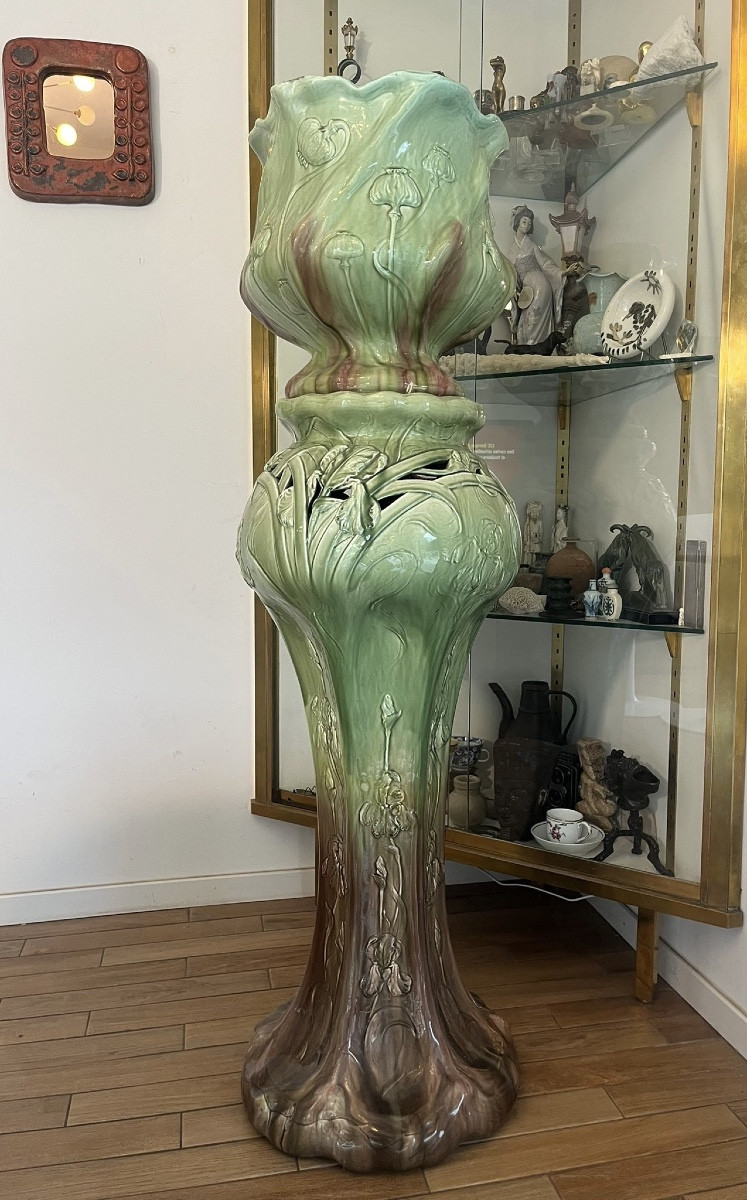 Massier. Green Earthenware Pot And Container Decorated With Thistles