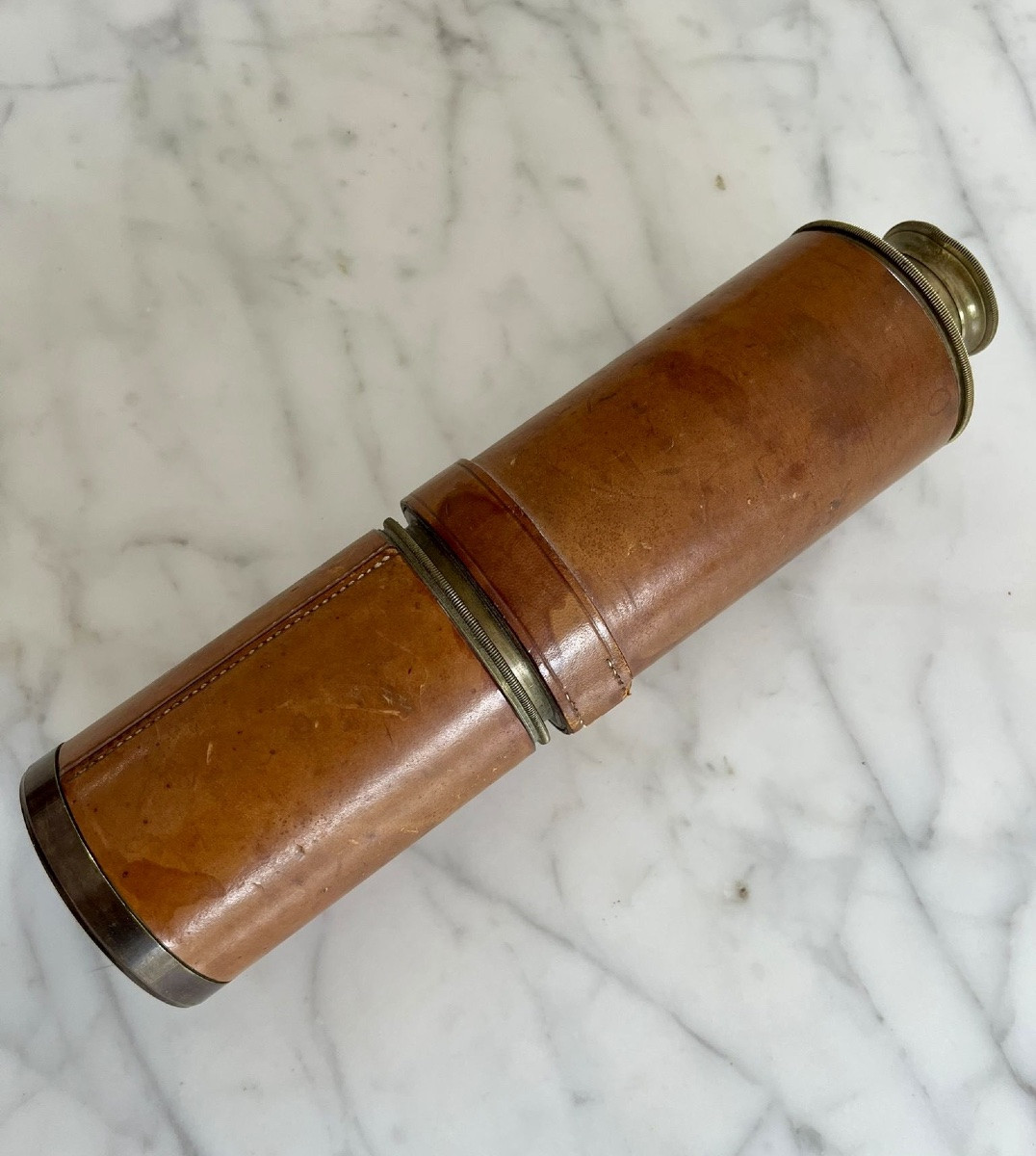 Brass Marine Telescope In Its Leather Sheath, XIX-photo-3