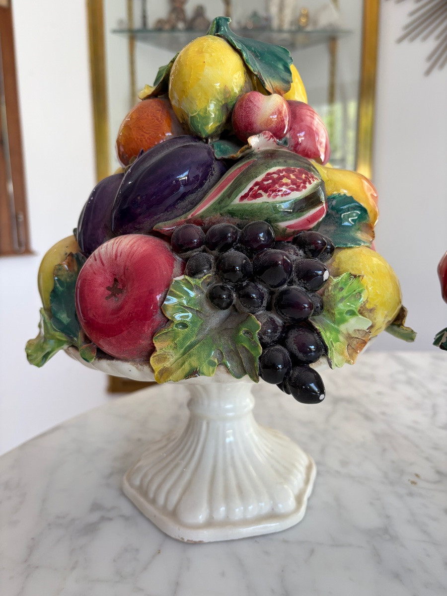 Paire de coupes de fruits trompe l'œil en faience-photo-2