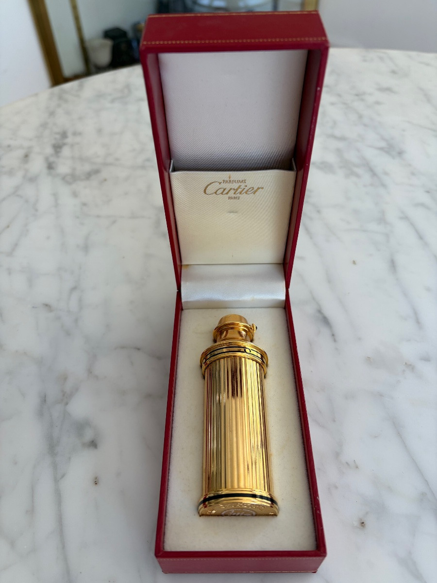 CARTIER vaporisateur de sac en métal doré dans son coffret-photo-2