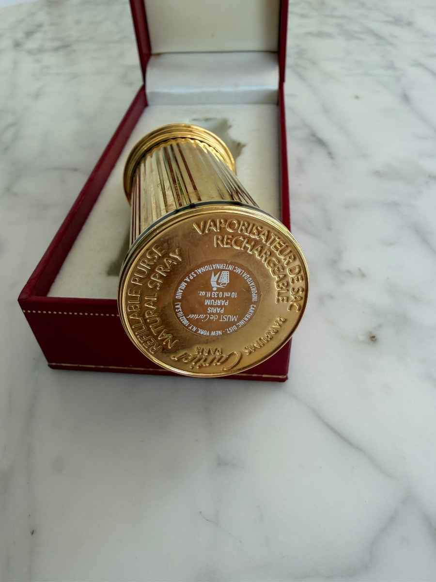 CARTIER vaporisateur de sac en métal doré dans son coffret-photo-3