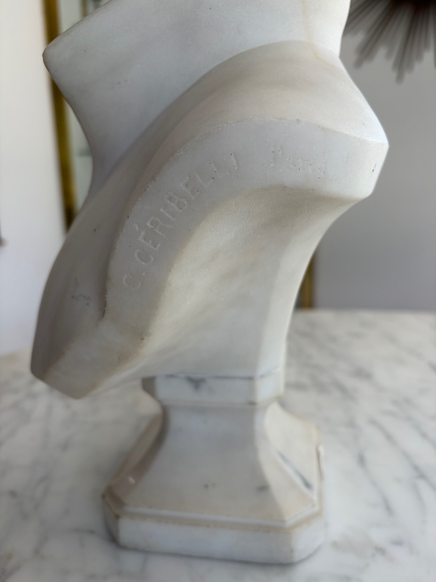 R. Ceribelli (1841-1918) Carved Marble Bust Of A Young Woman With A Necklace-photo-5
