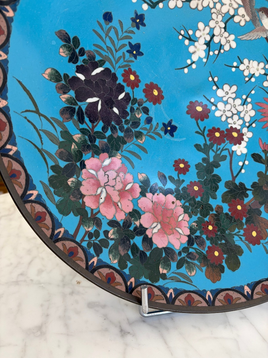 Large Cloisonné Dish With Floral And Bird Design - Japan, 20th Century-photo-2