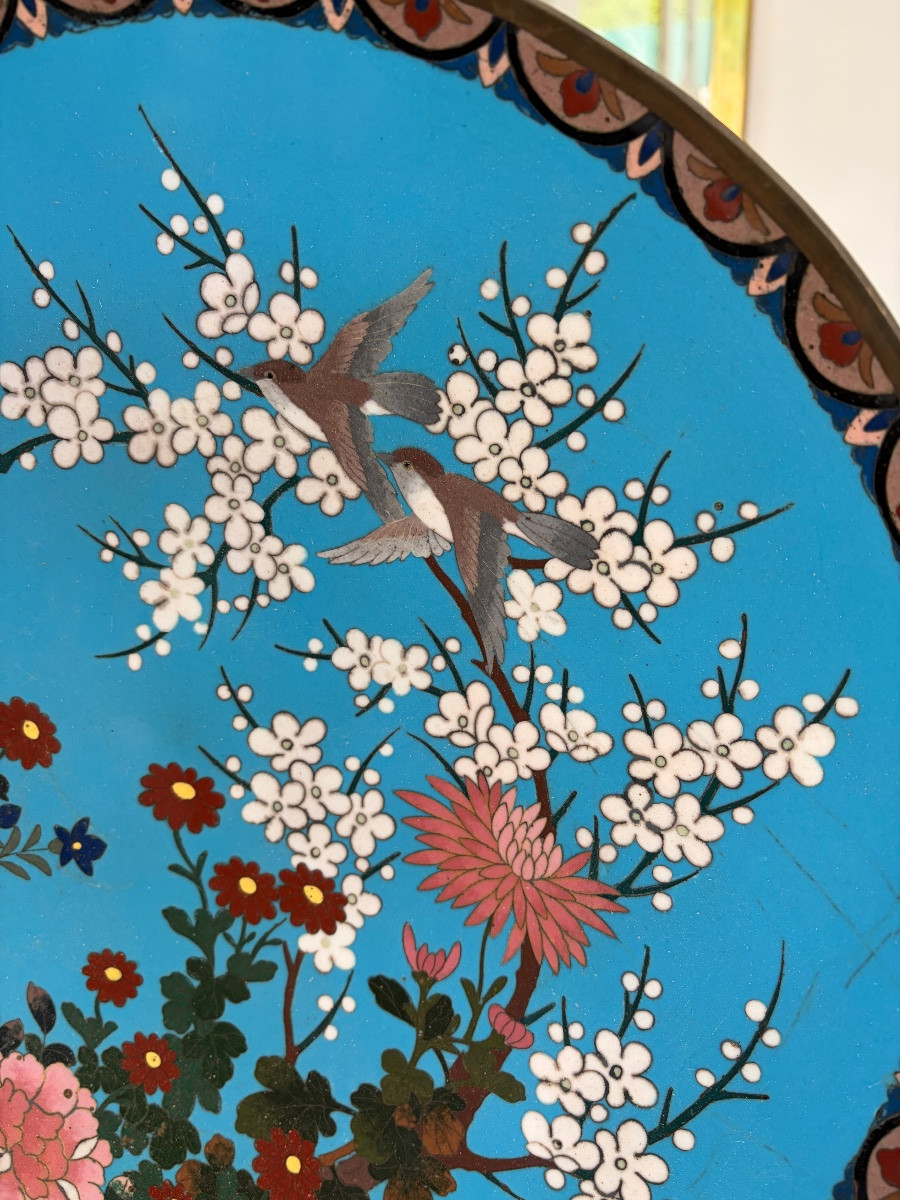 Large Cloisonné Dish With Floral And Bird Design - Japan, 20th Century-photo-3