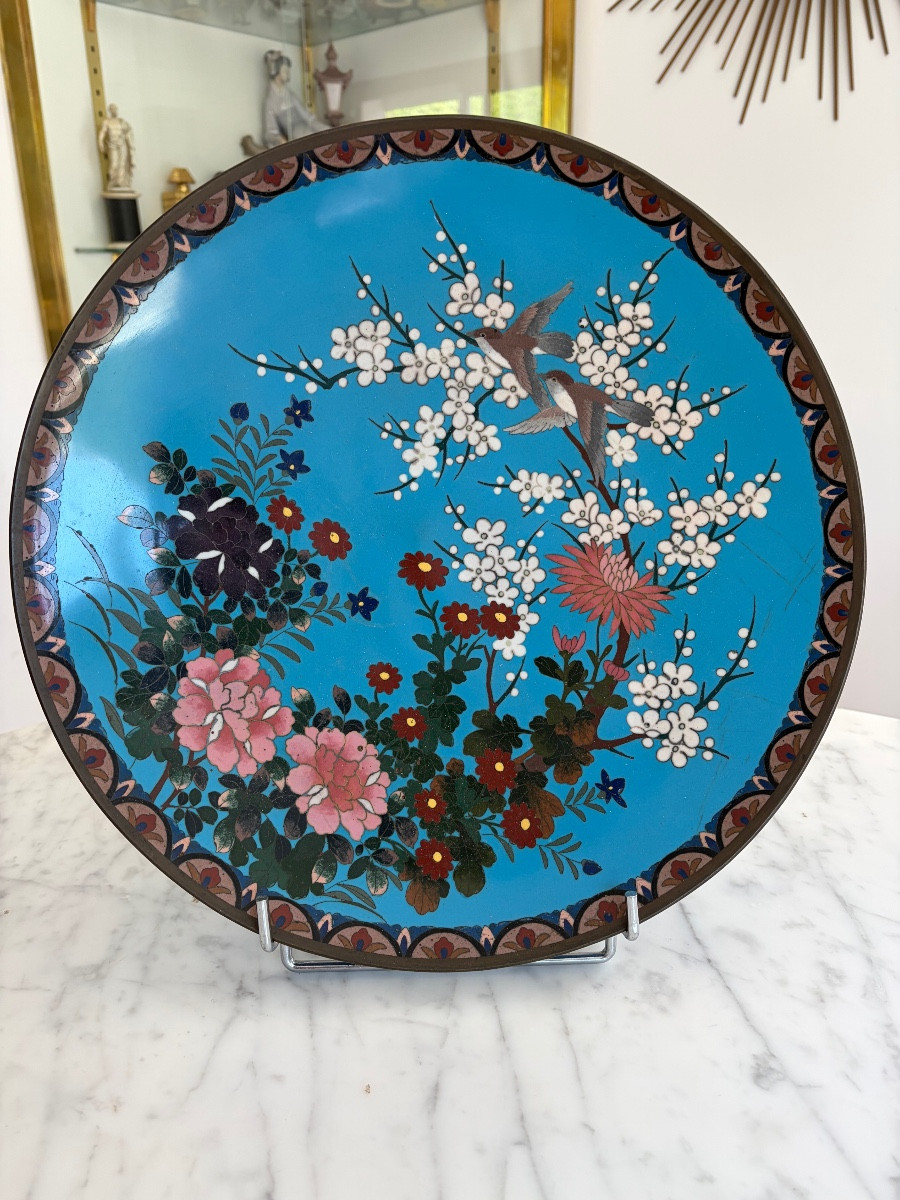 Large Cloisonné Dish With Floral And Bird Design - Japan, 20th Century