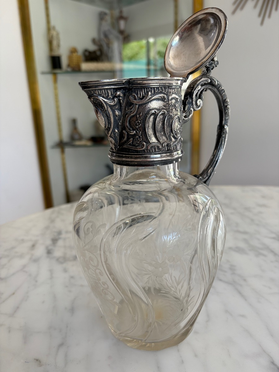 Aiguière en verre gravé et monture en métal argenté – XIXe siècle-photo-2
