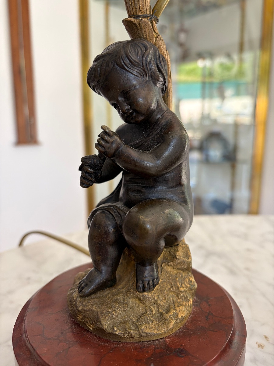 Pair Of Lamps In Bronze With Two Patinas And Marble Decorated With Putti-photo-2