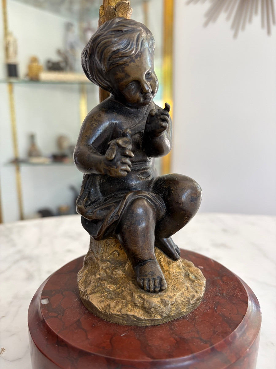 Pair Of Lamps In Bronze With Two Patinas And Marble Decorated With Putti-photo-3
