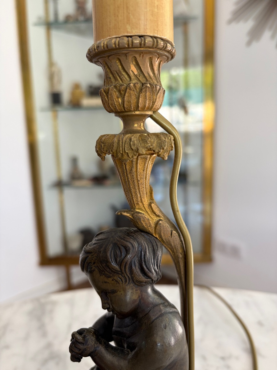Pair Of Lamps In Bronze With Two Patinas And Marble Decorated With Putti-photo-4