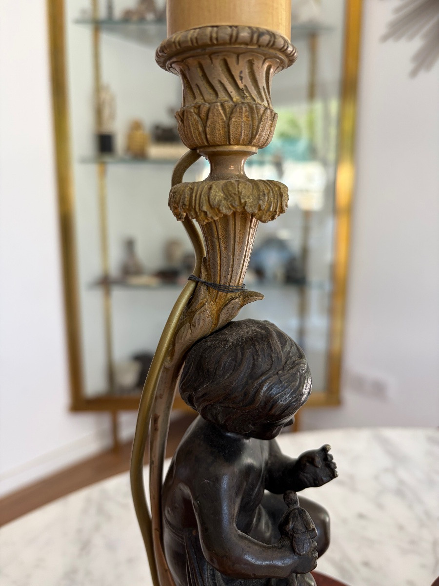 Pair Of Lamps In Bronze With Two Patinas And Marble Decorated With Putti-photo-1