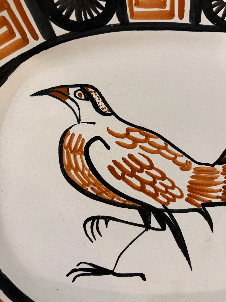 ROBERT PICAULT. Plat ovale en céramique à décor oiseau et frise géométrique-photo-2