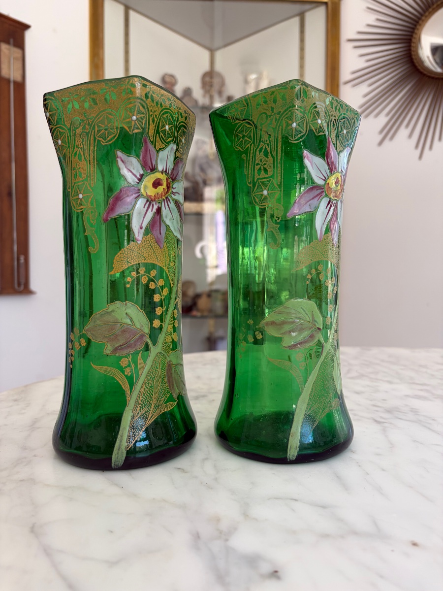 Legras (attributed To) Pair Of Enameled Glass Vases With Floral Decoration.-photo-3